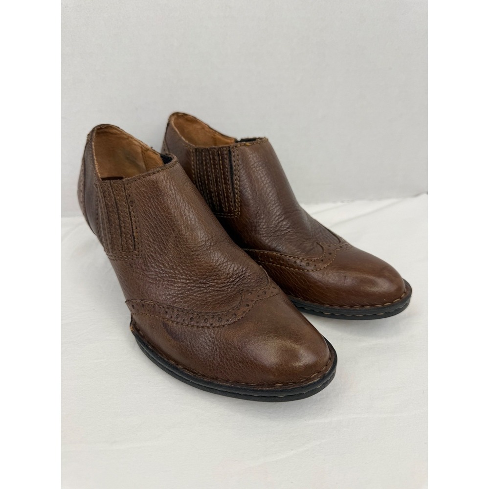 Born Brown Leather Wingtip Shooties Block‎ Heel Ankle Booties W82419 Size 8/39